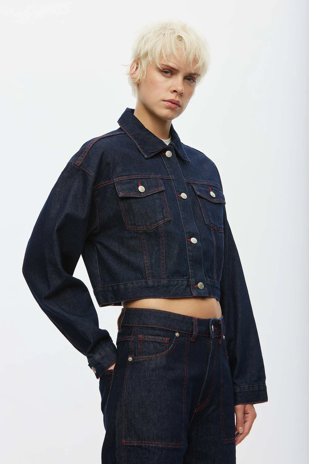 Oval Square Wonder Denim Jacket // Raw, Red Stitch