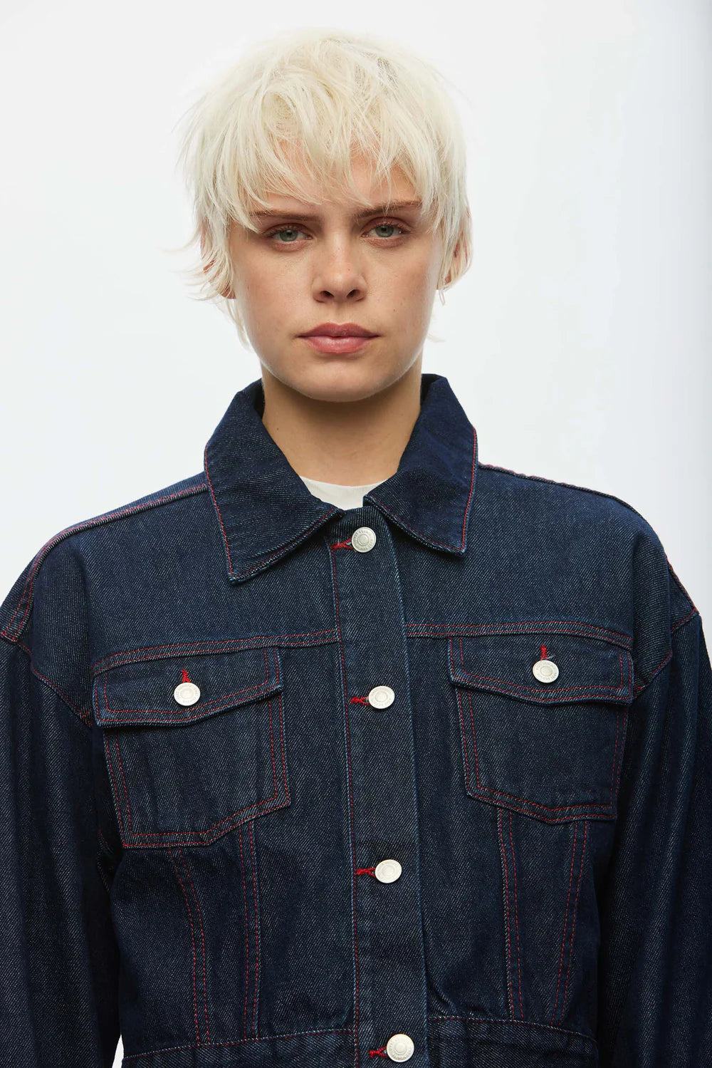 Oval Square Wonder Denim Jacket // Raw, Red Stitch