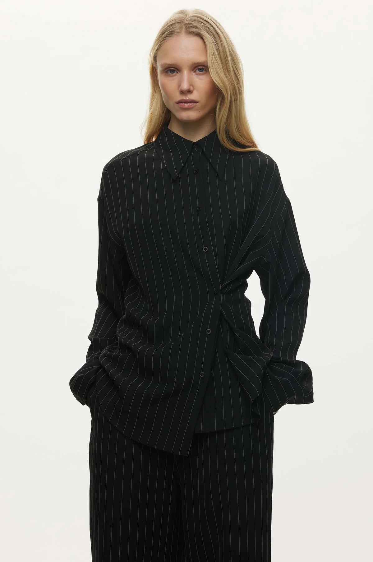 Oval Square Serena Shirt // Black Pinstripe