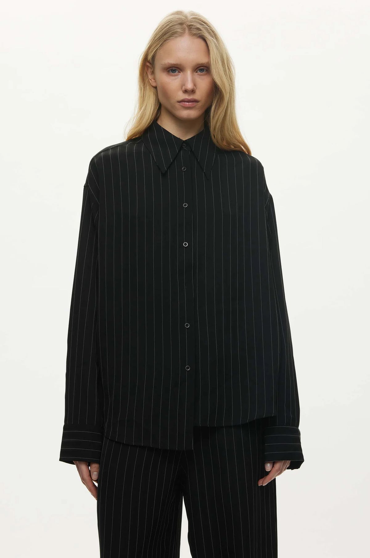 Oval Square Serena Shirt // Black Pinstripe