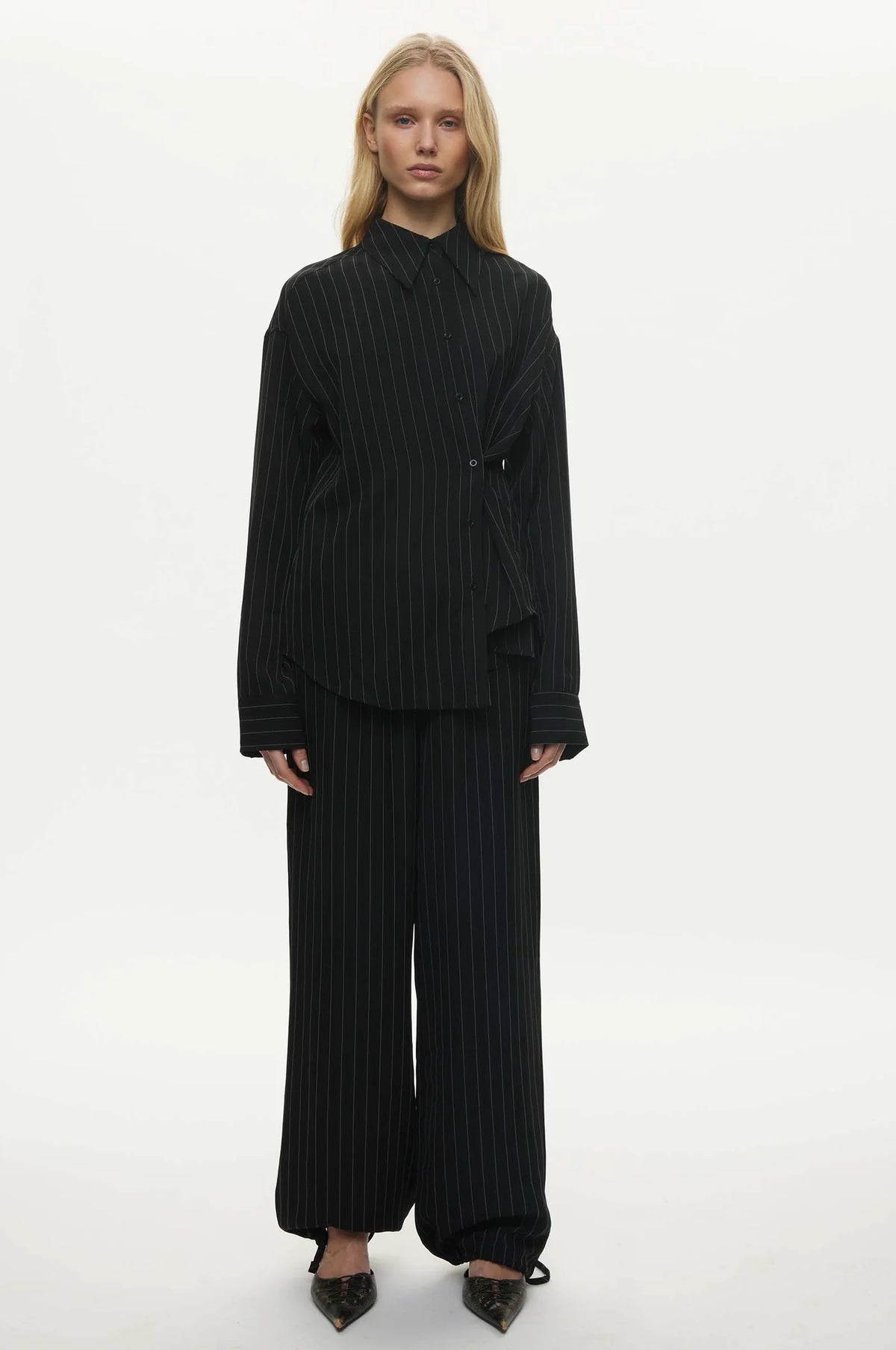 Oval Square Serena Shirt // Black Pinstripe