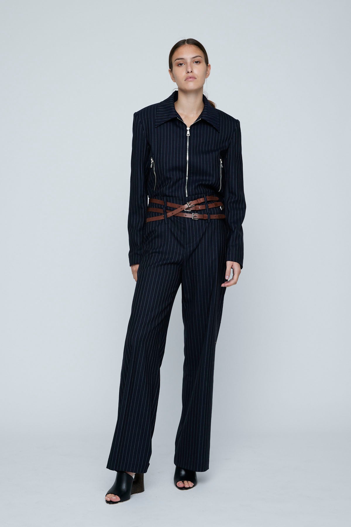 Wynn Hamlyn Triple Belt Trouser // Navy Pinstripe