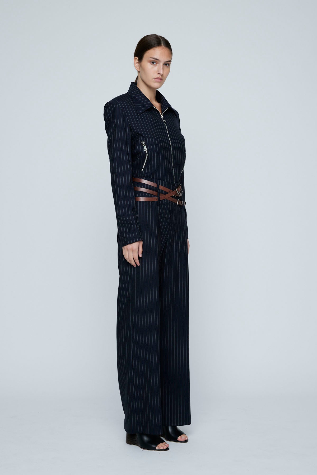 Wynn Hamlyn Triple Belt Trouser // Navy Pinstripe