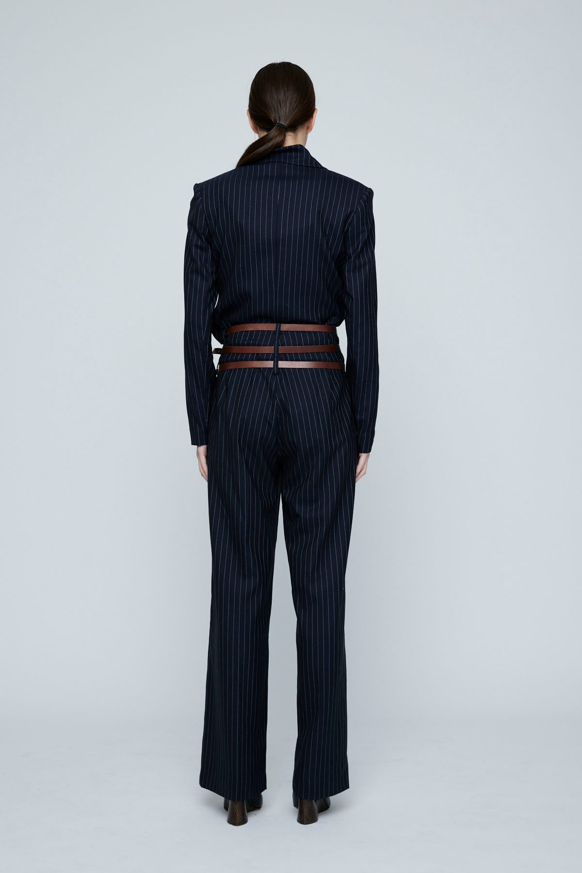 Wynn Hamlyn Triple Belt Trouser // Navy Pinstripe